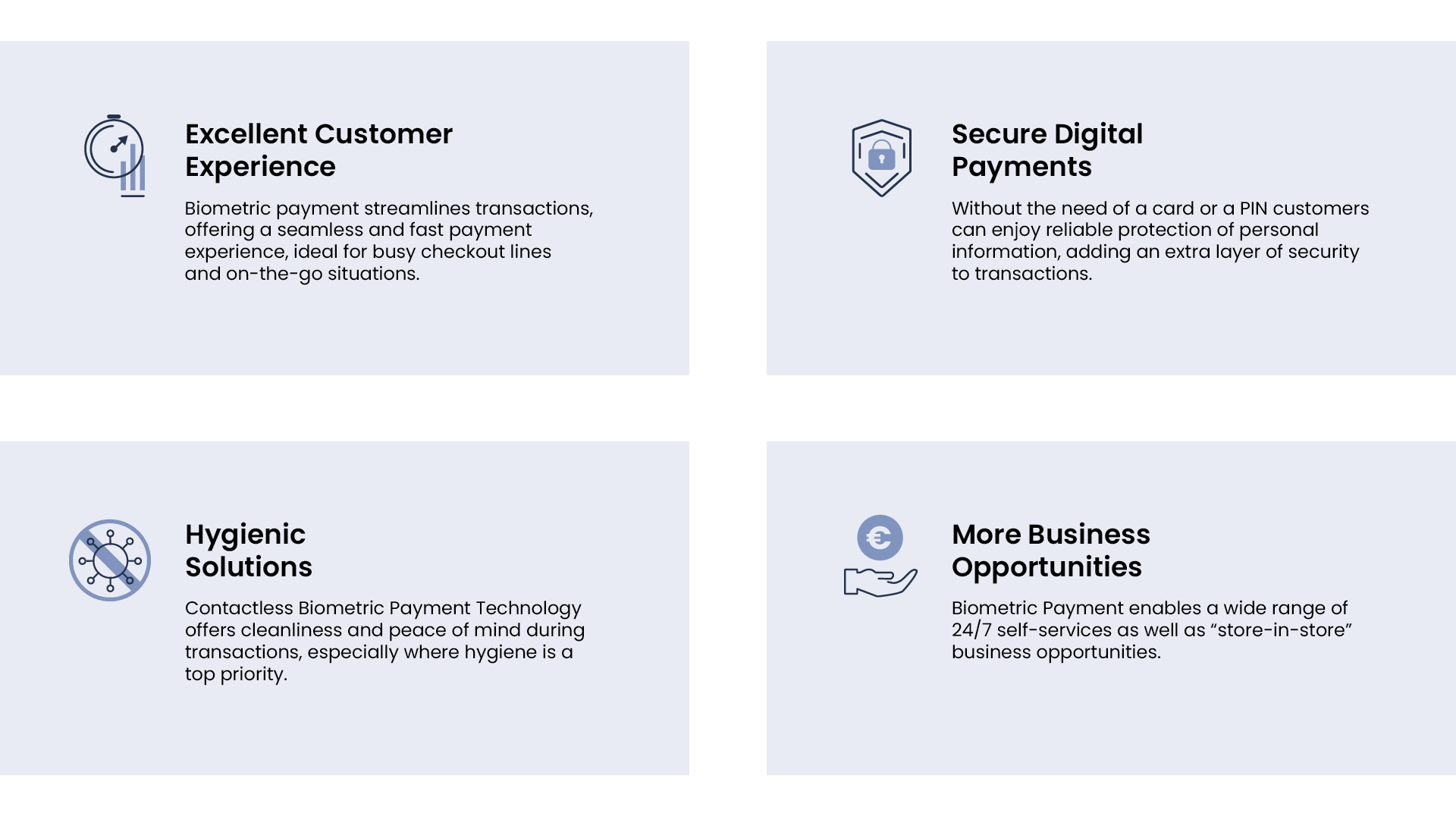 Benefits of Biometric payments include Excellent Customer Experience, Secure Digital Payments, Hygienic Solutions, and more business opportunities